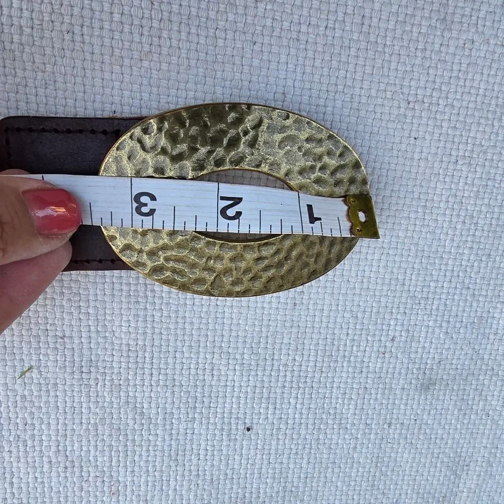 Leather belt woven with hammered brass buckle